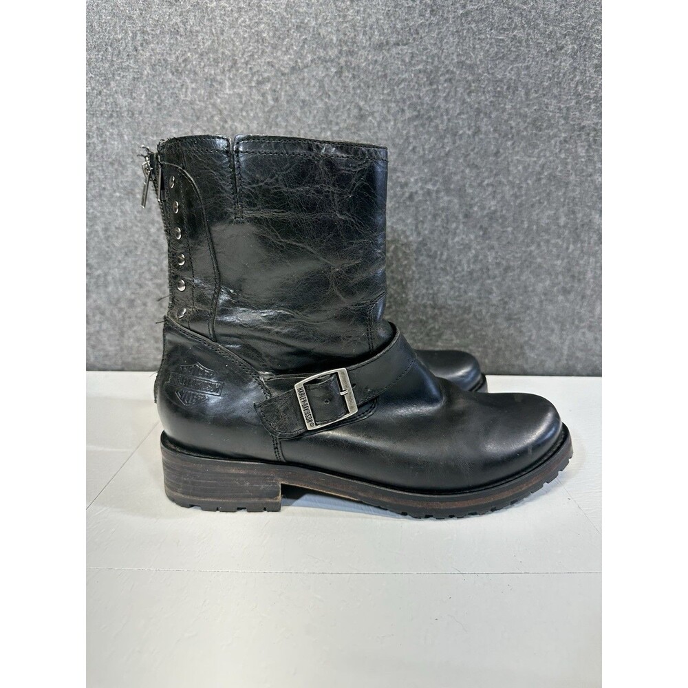 Harley-Davidson Womens 9.5 Black Studded Motorcycle Leather Zip Buckle Boots B30